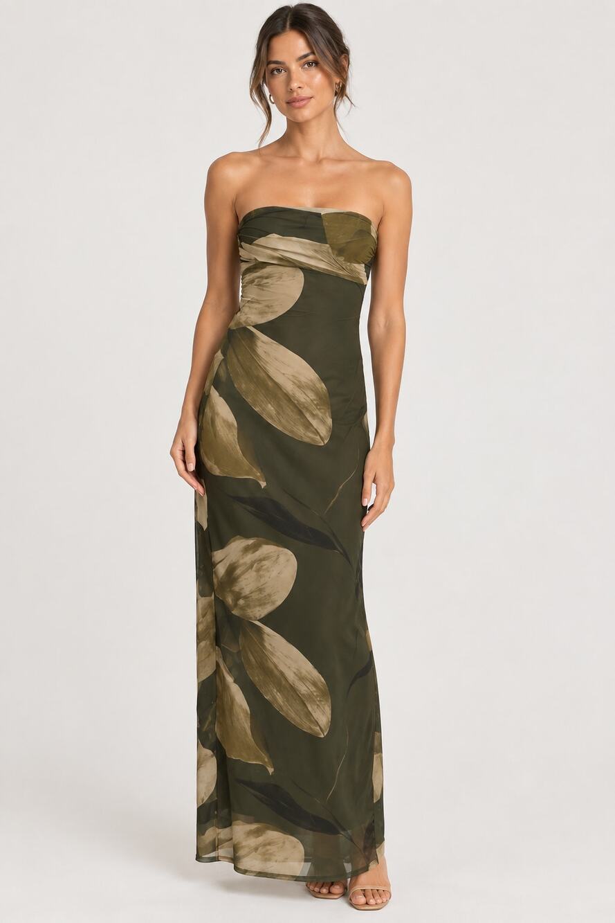 New Windsor Strapless Floral Mesh Maxi Dress Olive Black Size XS